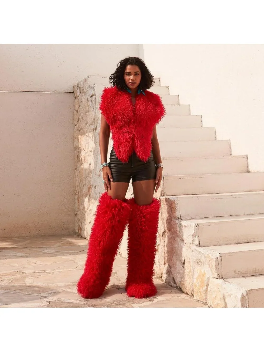 Women's Hot Red Shaggy Faux Furry Fuzzy Fluffy Flat Knee-High Slouchy Snow Boot